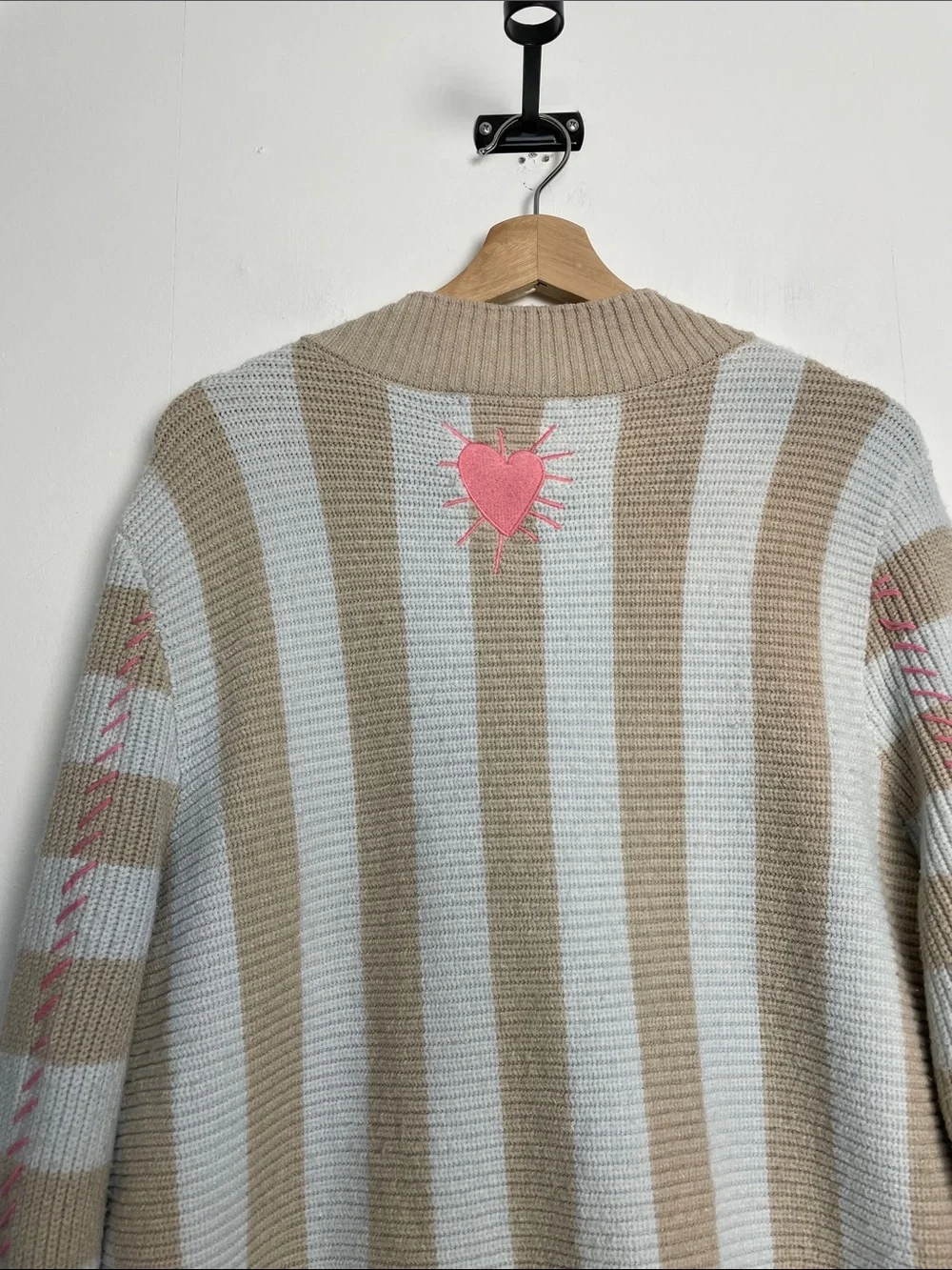 Kerri Rosenthal Striped V-Neck Button Pockets L Cardigan Pink Accents Sweater